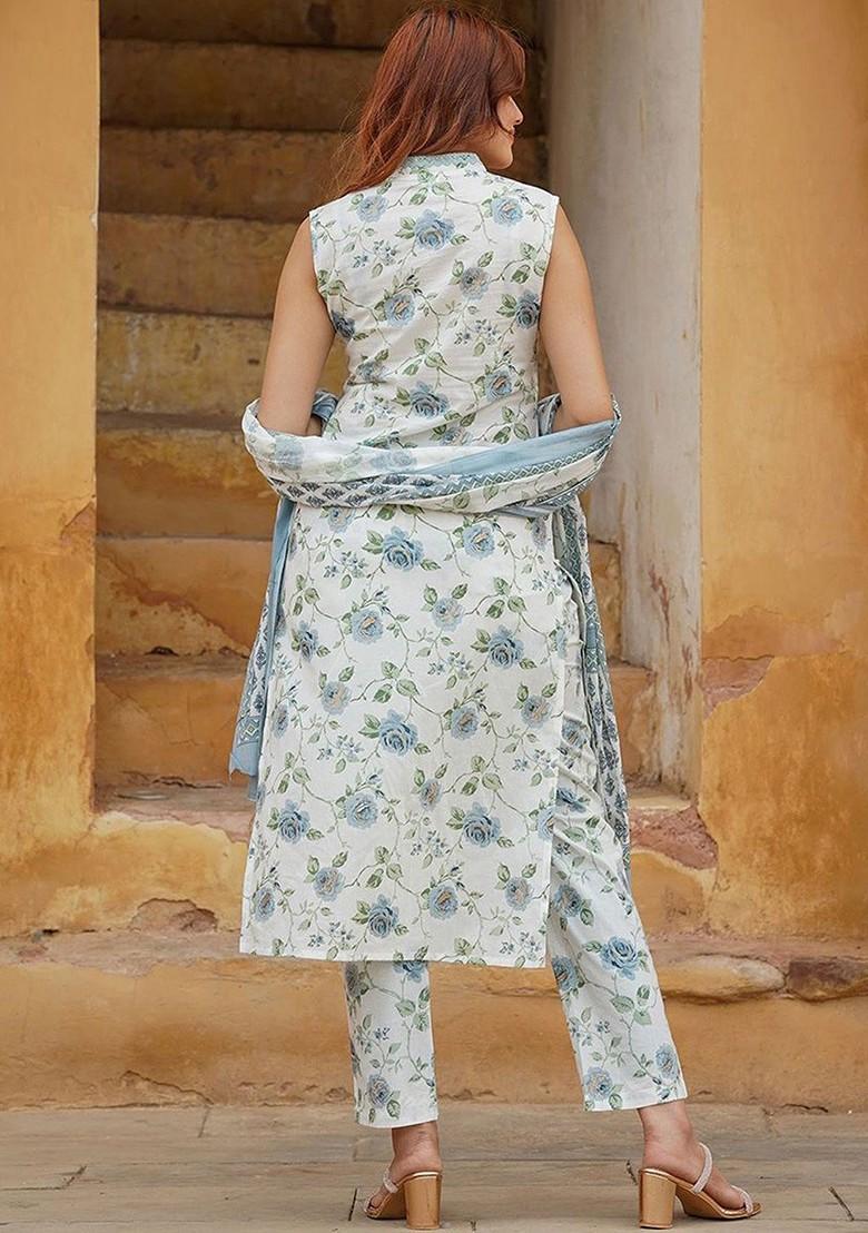 White Floral Embroidered Poly Blend Kurta Set