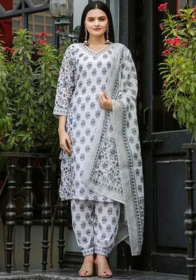 Grey Floral Embroidered Poly Blend Kurta Set
