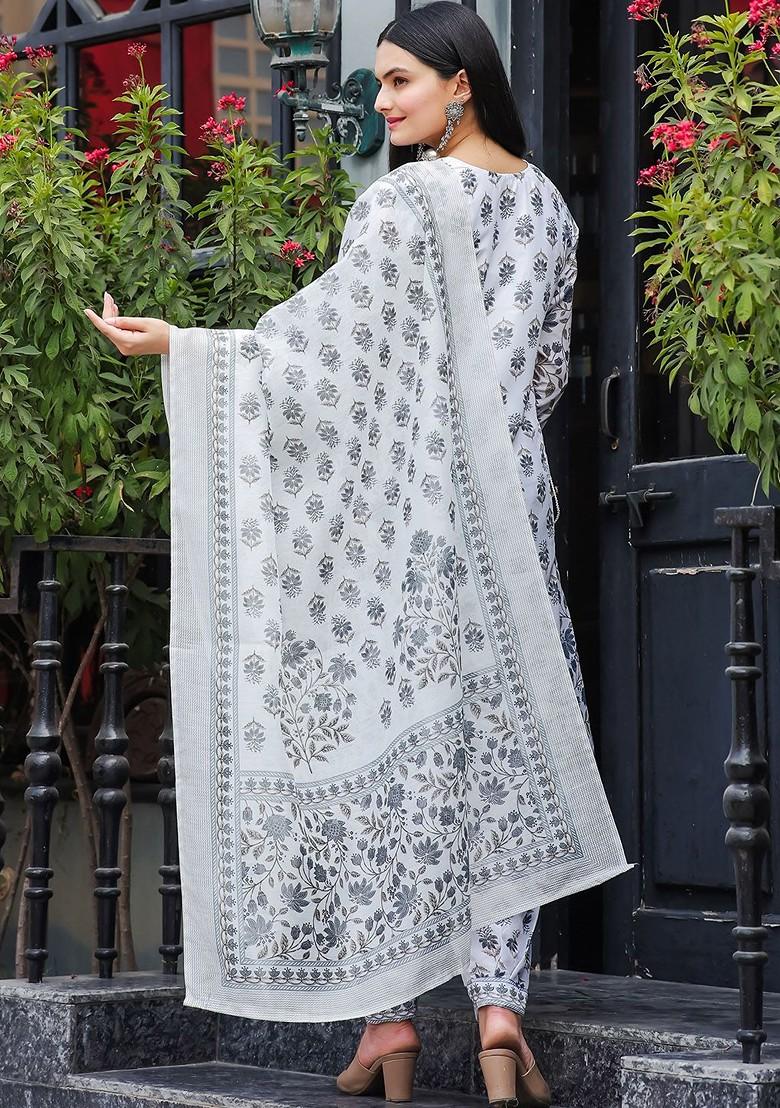 Grey Floral Embroidered Poly Blend Kurta Set