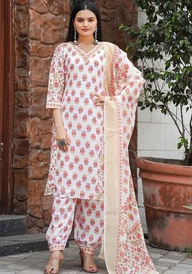 Orange Floral Embroidered Poly Blend Kurta Set