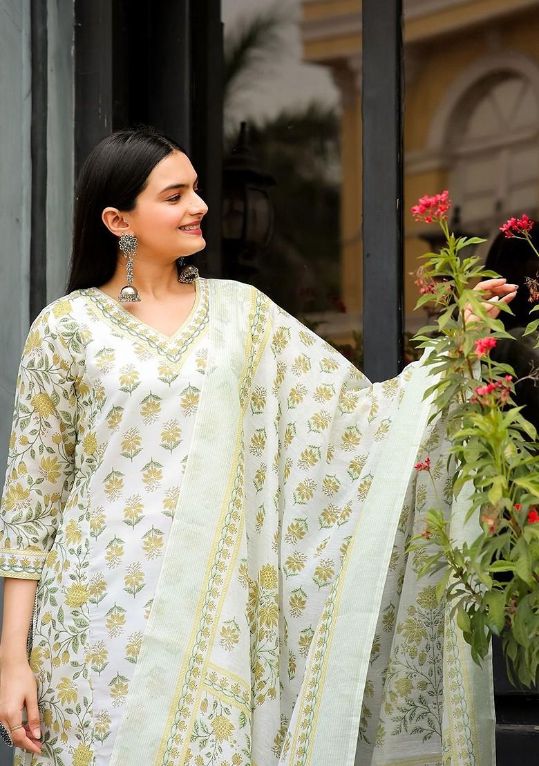 Yellow Floral Print Poly Blend Kurta Set