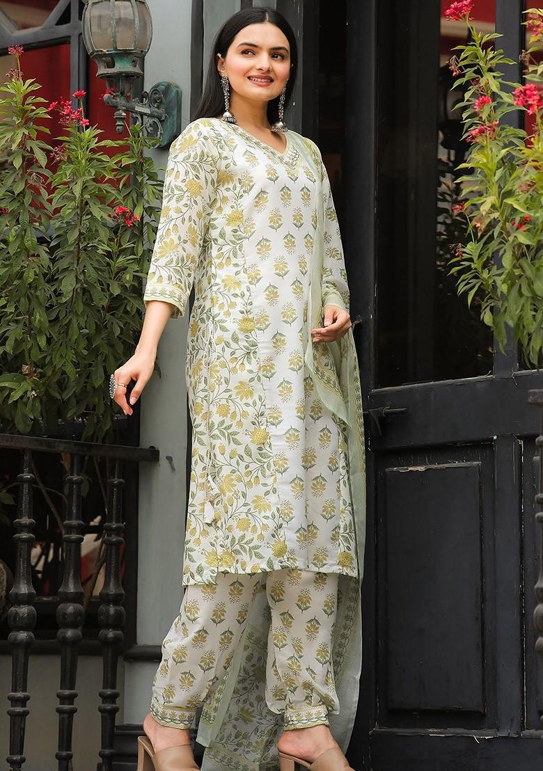 Yellow Floral Print Poly Blend Kurta Set
