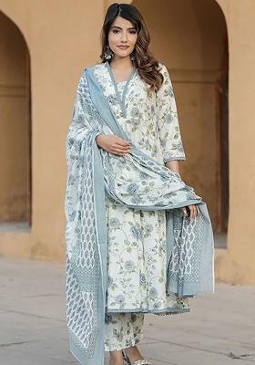Turquoise Blue Floral Embroidered Poly Blend Kurta Set