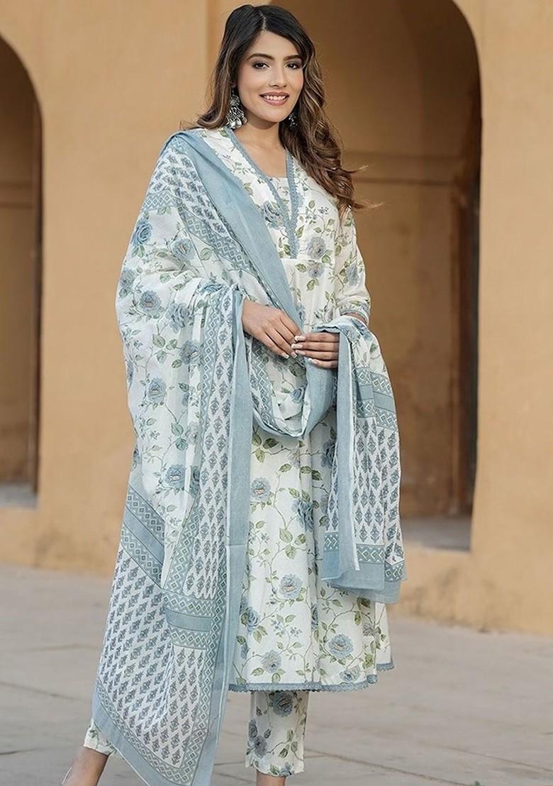 Turquoise Blue Floral Embroidered Poly Blend Kurta Set