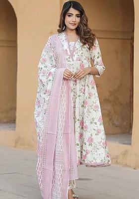 Pink Floral Embroidered Poly Blend Kurta Set