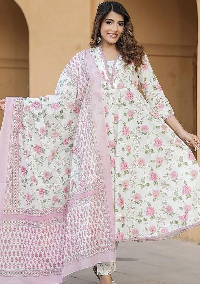 Pink Floral Embroidered Poly Blend Kurta Set