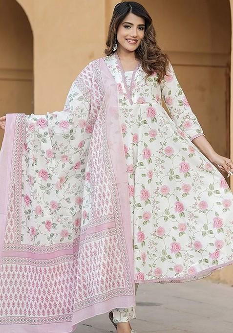 Women's Pink Floral Embroidered Viscose Kurta Pant Set With Printed Dupatta