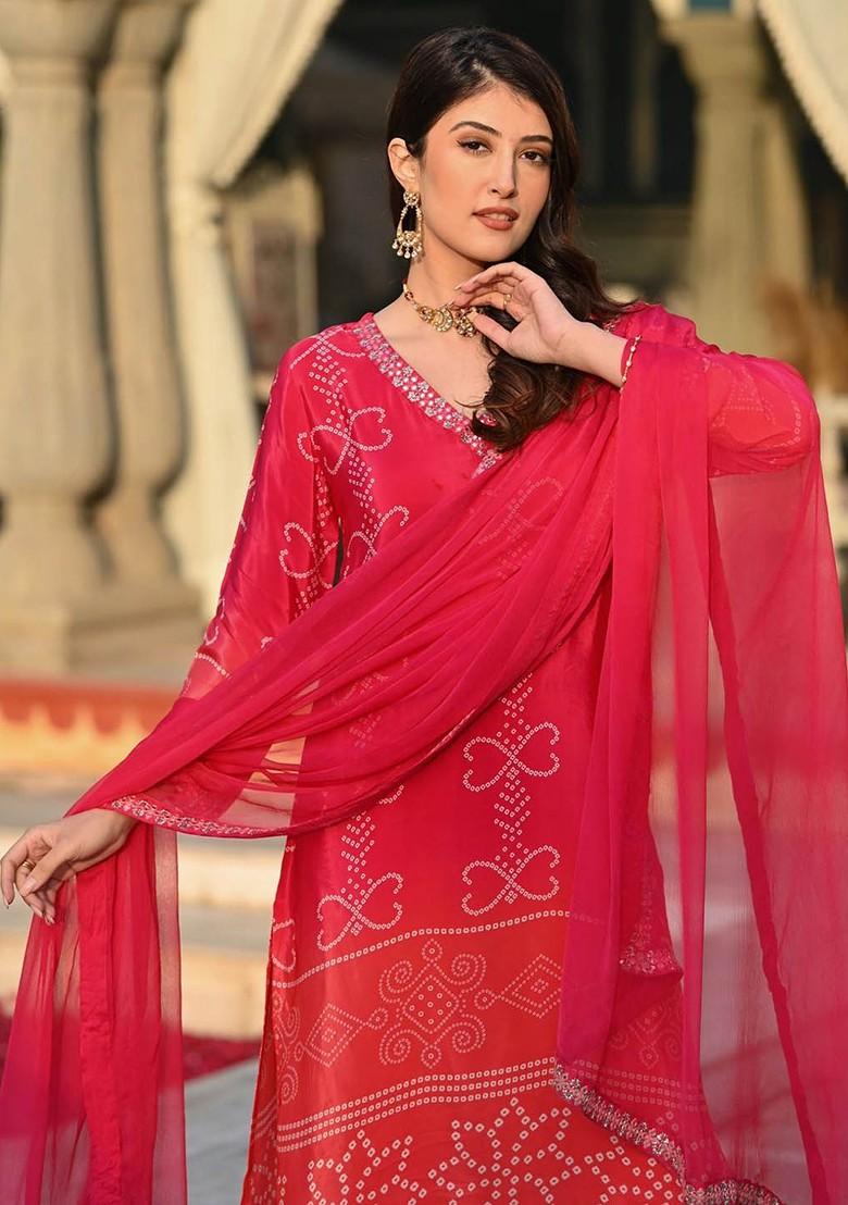 Red Embroidered Poly Blend Kurta Set