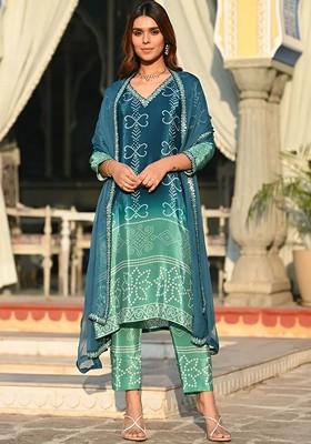 Turquoise Blue Ethnic Motifs Embroidery Poly Blend Kurta Set