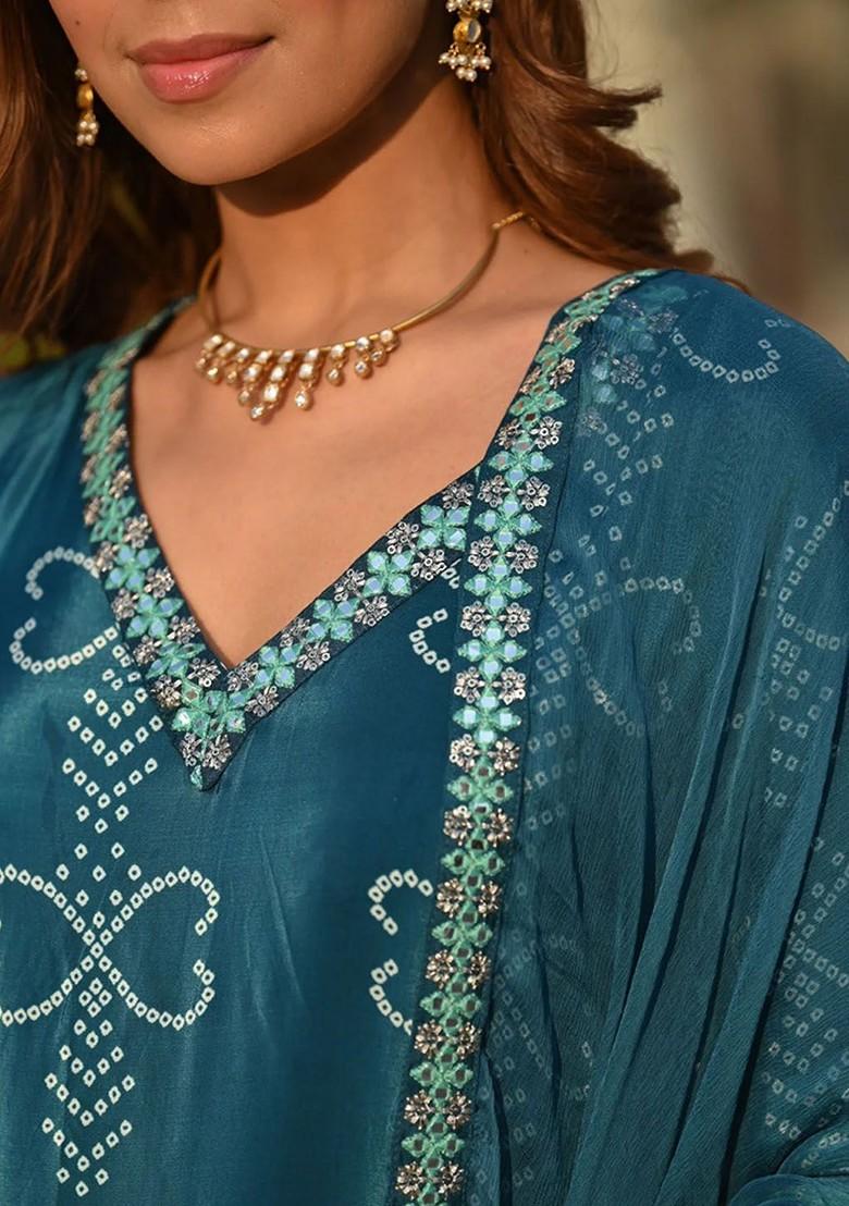 Turquoise Blue Ethnic Motifs Embroidery Poly Blend Kurta Set