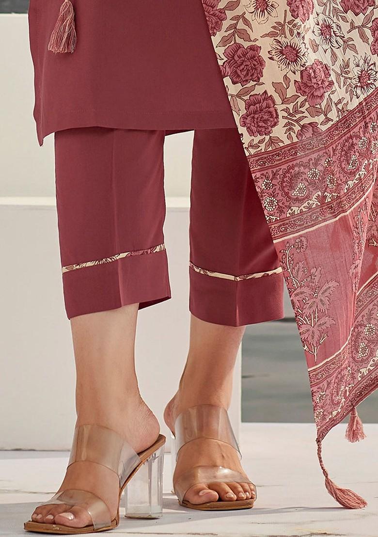 Brown Floral Embroidered Cotton Kurta Set