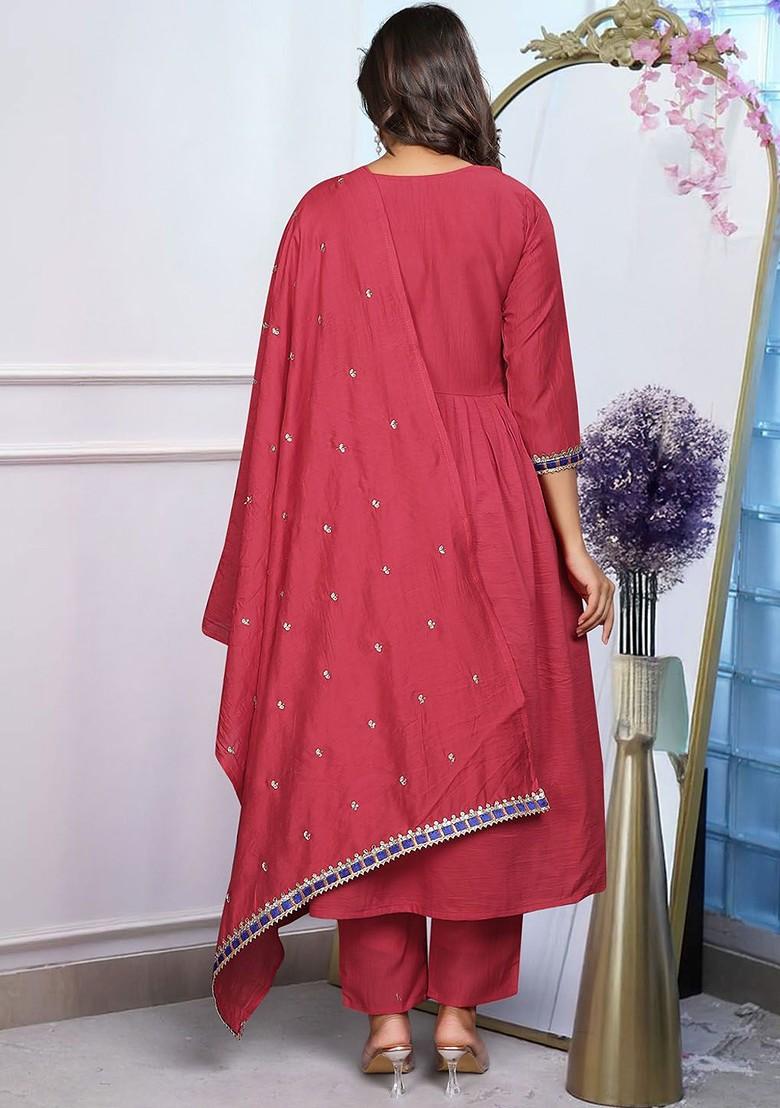 Maroon Floral Embroidered Poly Blend Kurta Set