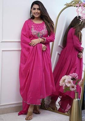 Pink Embroidered Poly Blend Kurta Set