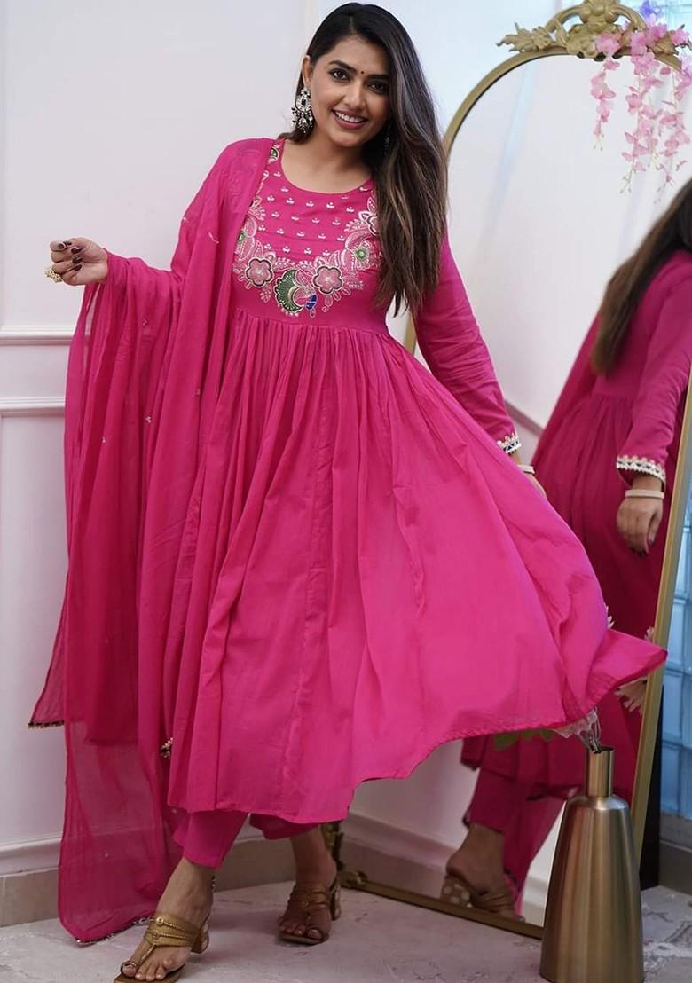 Pink Embroidered Poly Blend Kurta Set