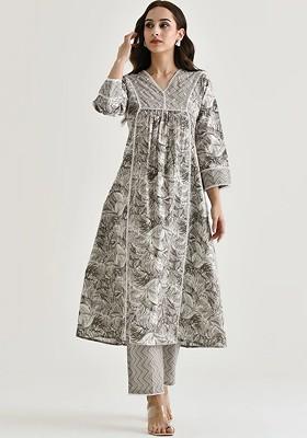 Grey Floral Embroidered Poly Blend Kurta Set