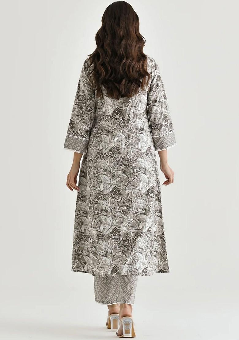Grey Floral Embroidered Poly Blend Kurta Set