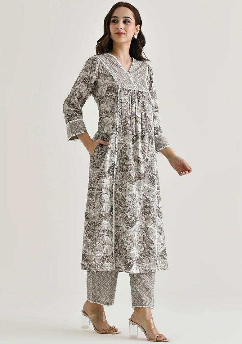 Grey Floral Embroidered Poly Blend Kurta Set