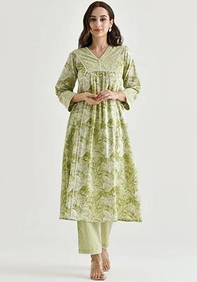 Lime Green Floral Embroidered Poly Blend Kurta Set