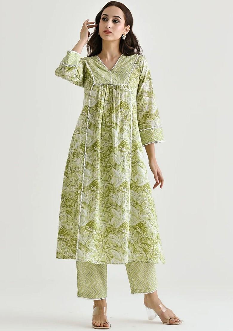 Lime Green Floral Embroidered Poly Blend Kurta Set