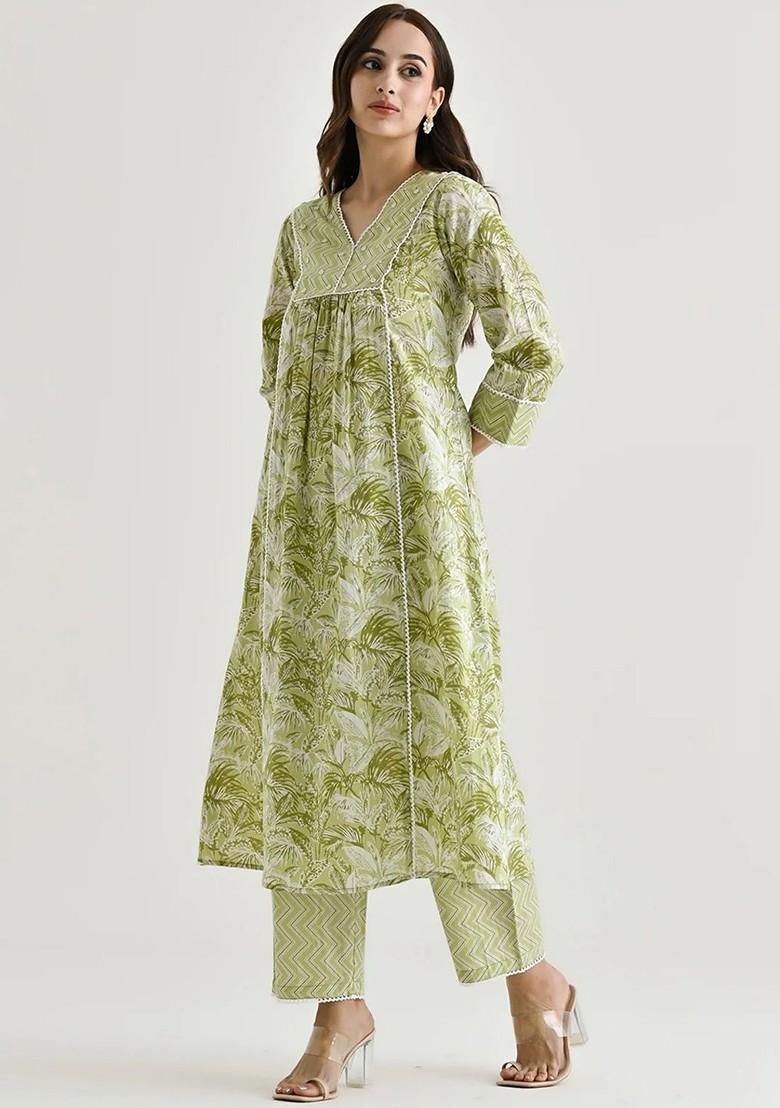 Lime Green Floral Embroidered Poly Blend Kurta Set
