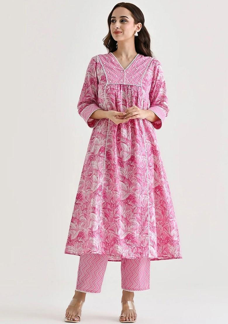 Pink Floral Embroidered Poly Blend Kurta Set