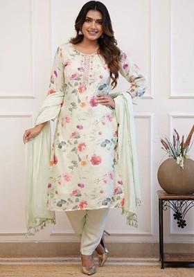 Lime Green Floral Embroidered Cotton Kurta Set