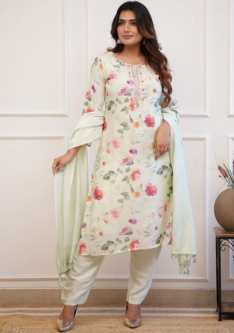 Lime Green Floral Embroidered Cotton Kurta Set