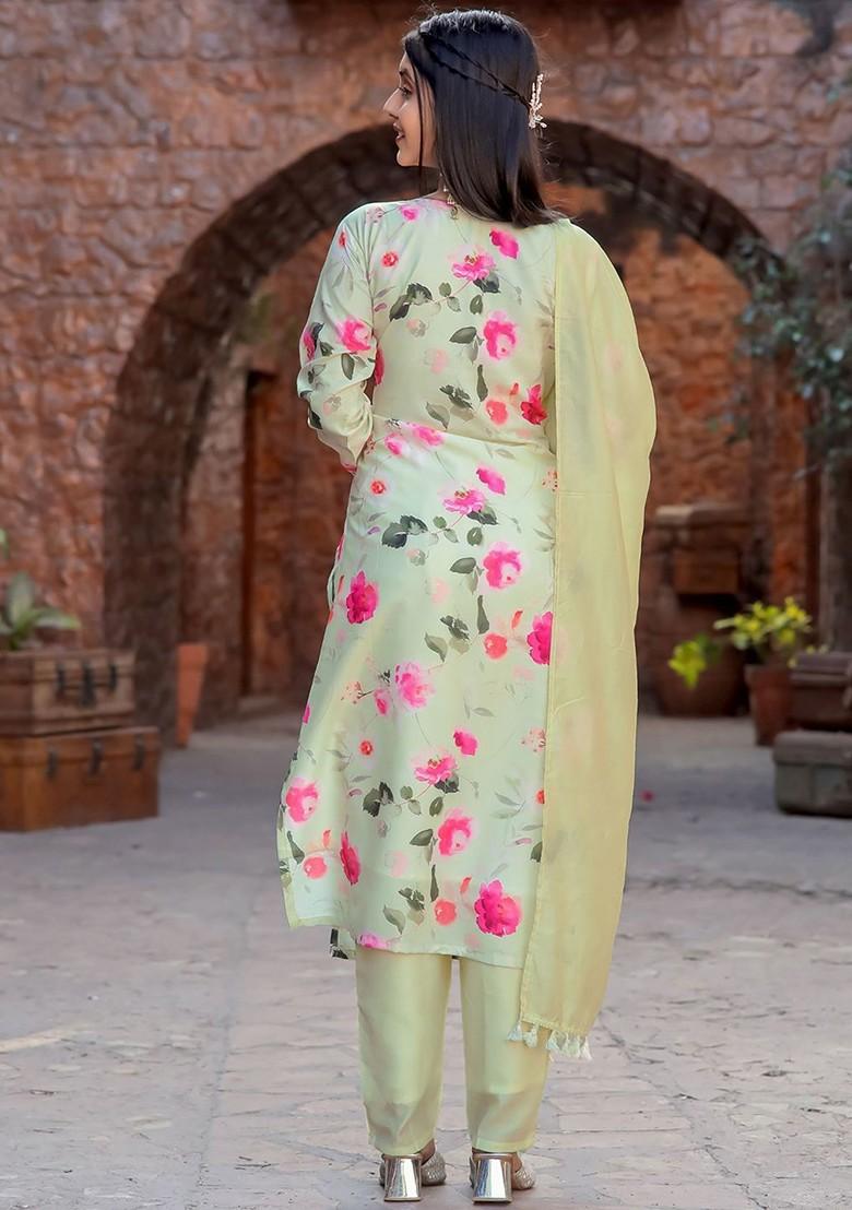 Lime Green Floral Embroidered Cotton Kurta Set