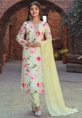 Lime Green Floral Embroidered Cotton Kurta Set