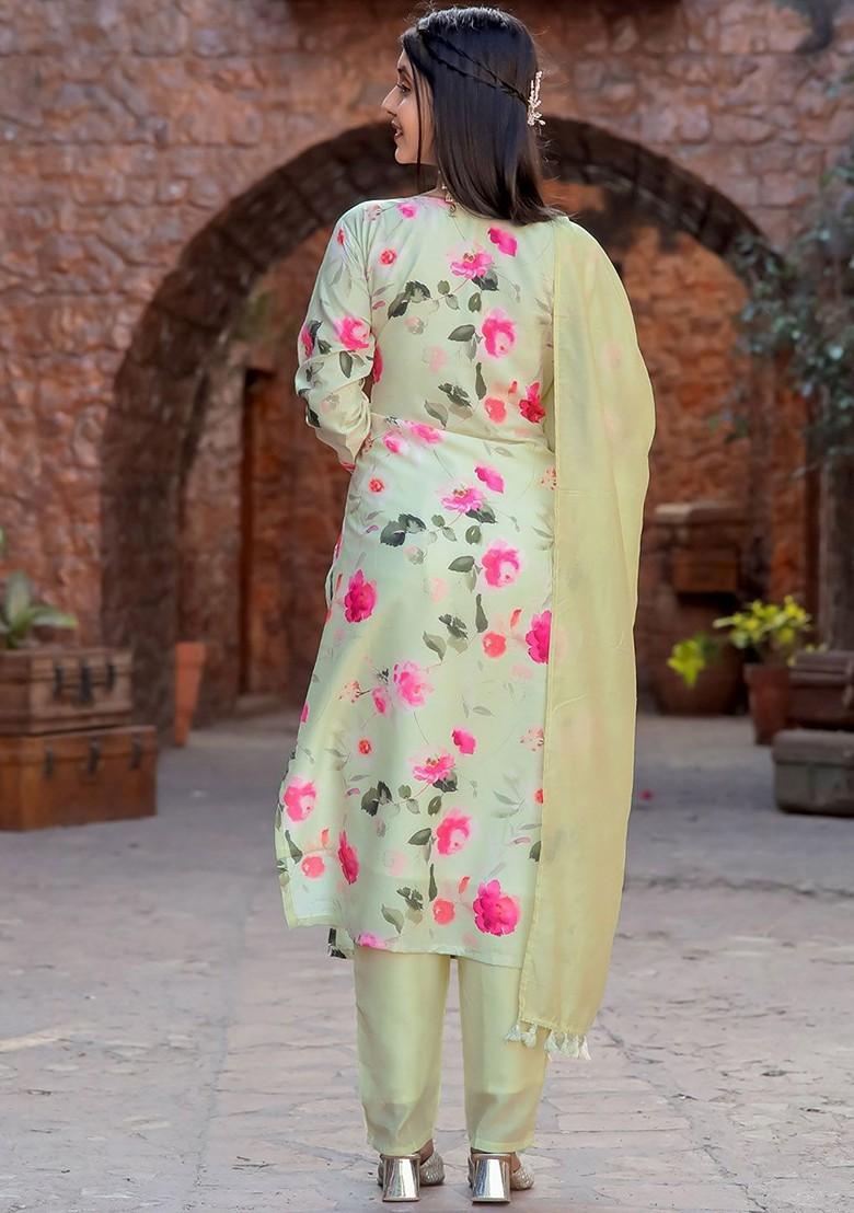 Lime Green Floral Embroidered Cotton Kurta Set