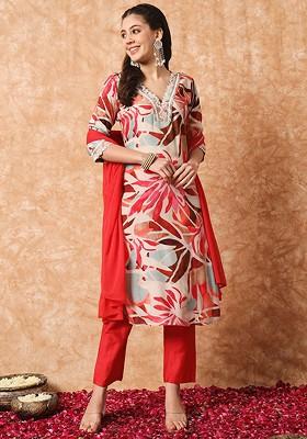 Red Floral Embroidered Poly Blend Kurta Set