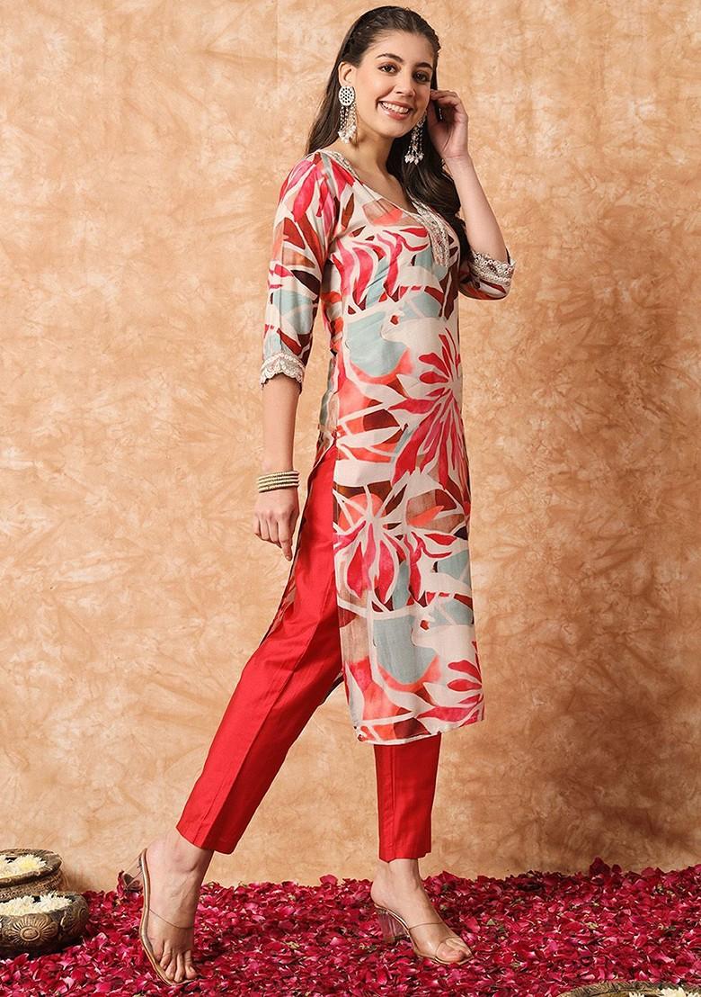 Red Floral Embroidered Poly Blend Kurta Set