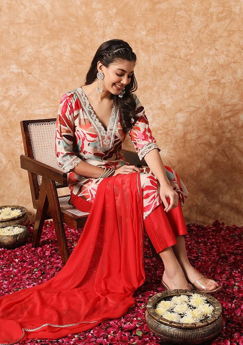 Red Floral Embroidered Poly Blend Kurta Set