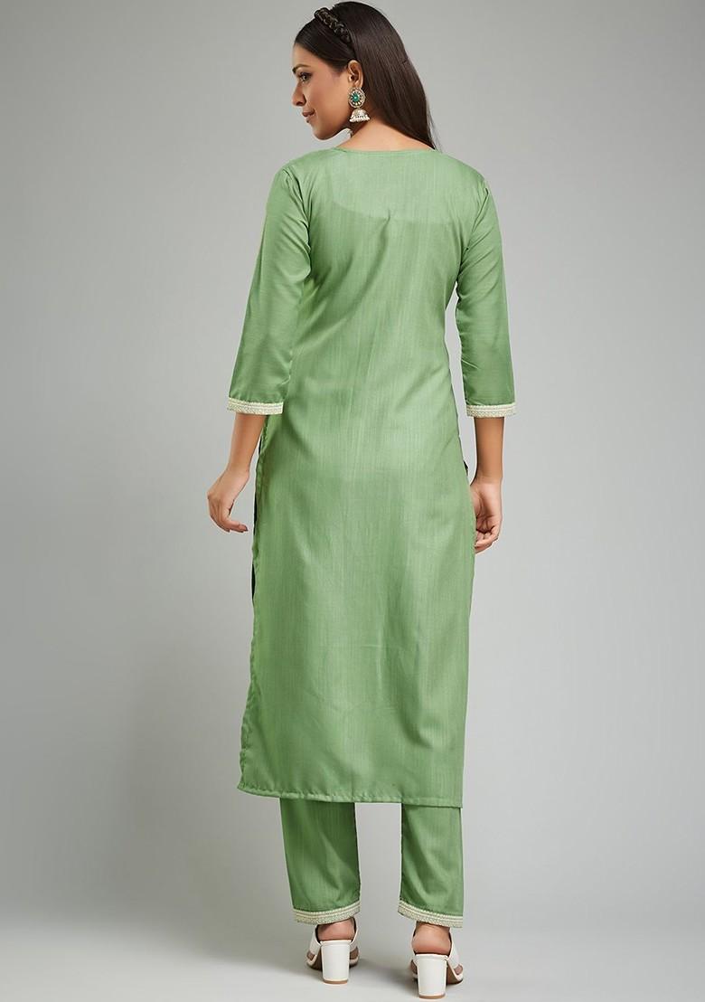 Turquoise Blue Embroidered Poly Blend Kurta Set