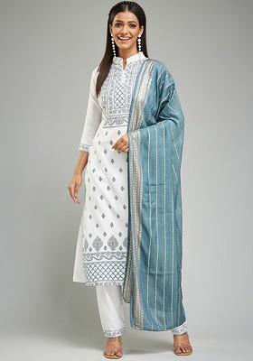 White Ethnic Motifs Embroidery Poly Blend Kurta Set