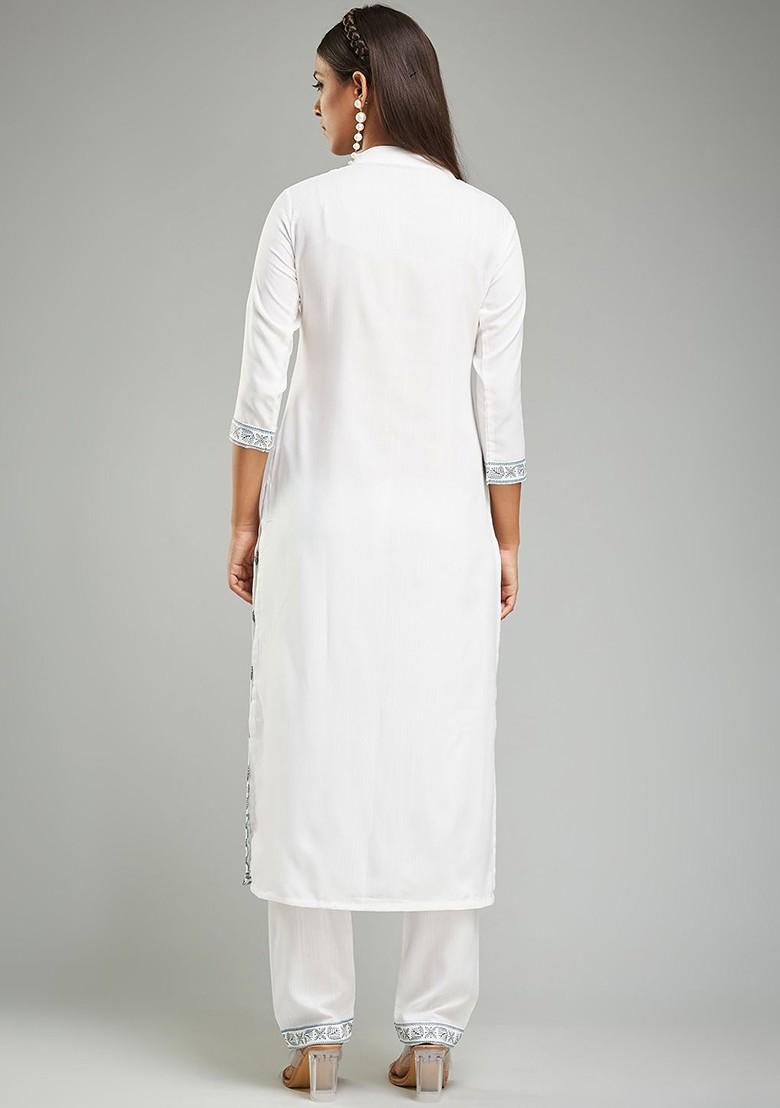 White Ethnic Motifs Embroidery Poly Blend Kurta Set