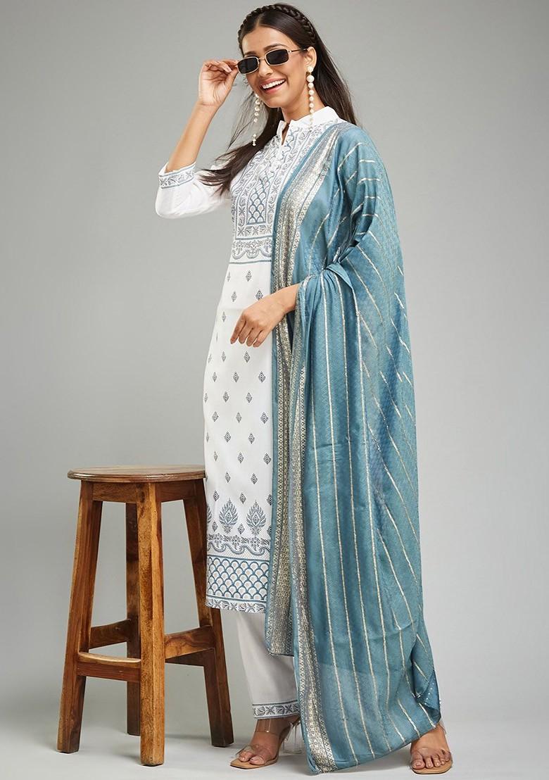 White Ethnic Motifs Embroidery Poly Blend Kurta Set