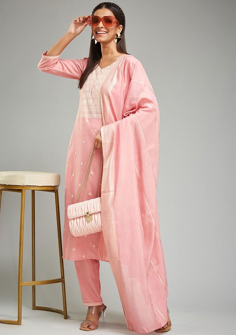 Peach Printed Poly Blend Kurta Set