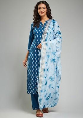 Turquoise Blue Printed Poly Blend Kurta Set