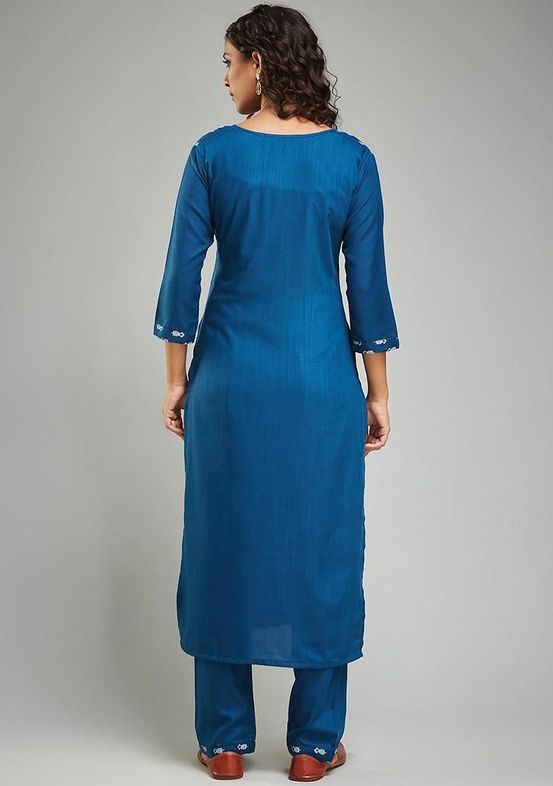 Turquoise Blue Printed Poly Blend Kurta Set