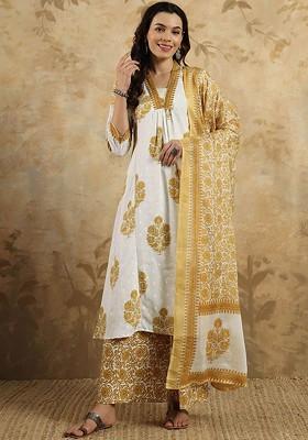 Mustard Floral Embroidered Cotton Kurta Set