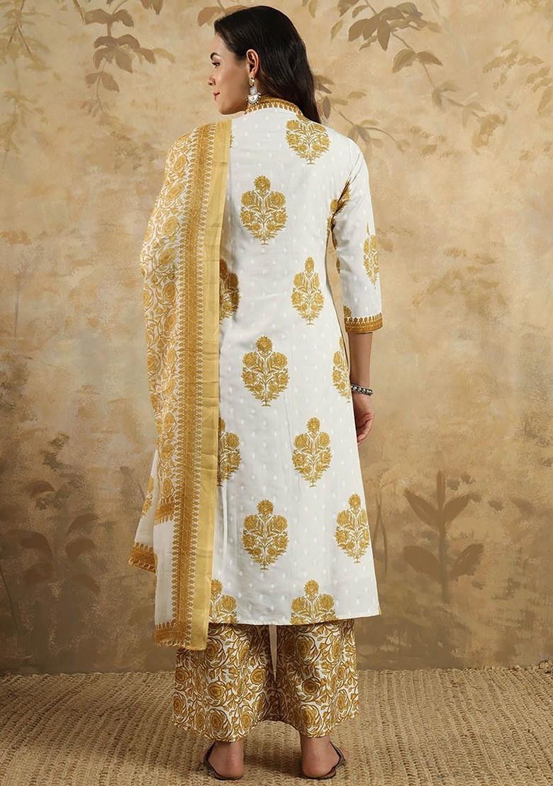 Mustard Floral Embroidered Cotton Kurta Set