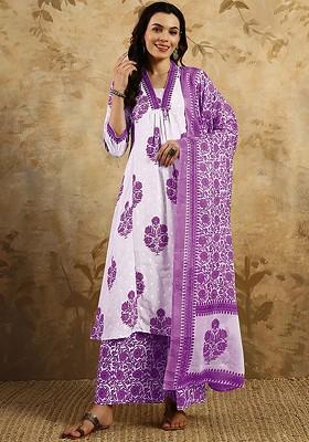 Purple Printed Cotton Kurta Set