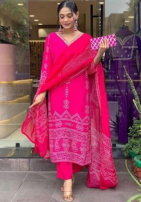 Pink Printed Poly Blend Kurta Set