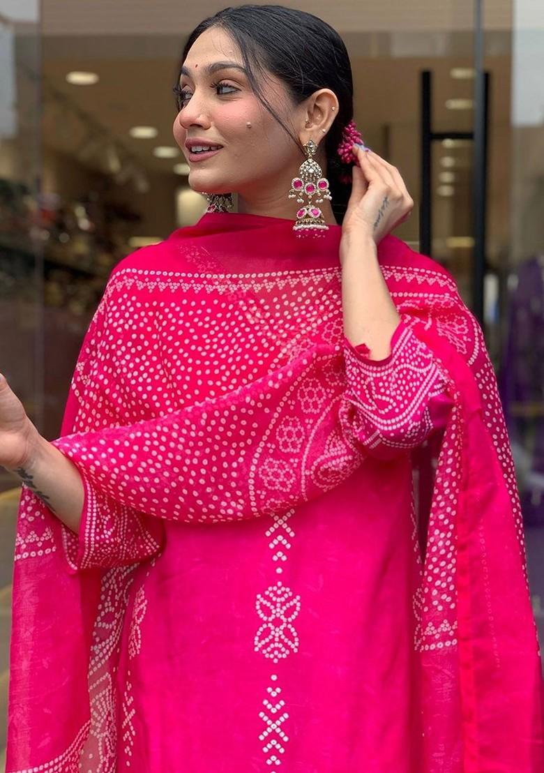 Pink Printed Poly Blend Kurta Set