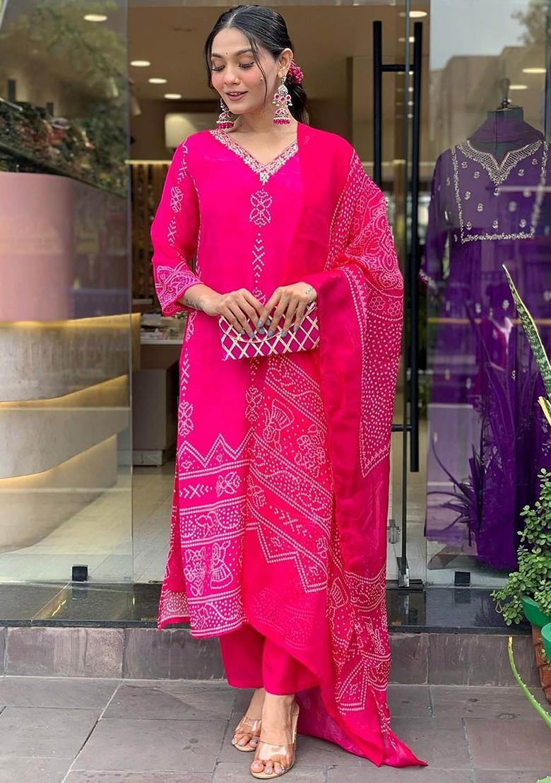 Pink Printed Poly Blend Kurta Set