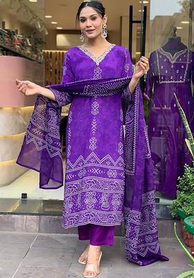 Purple Printed Poly Blend Kurta Set
