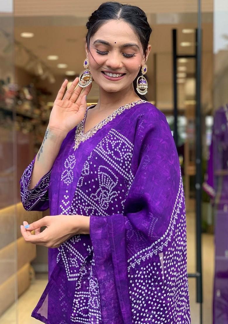 Purple Printed Poly Blend Kurta Set