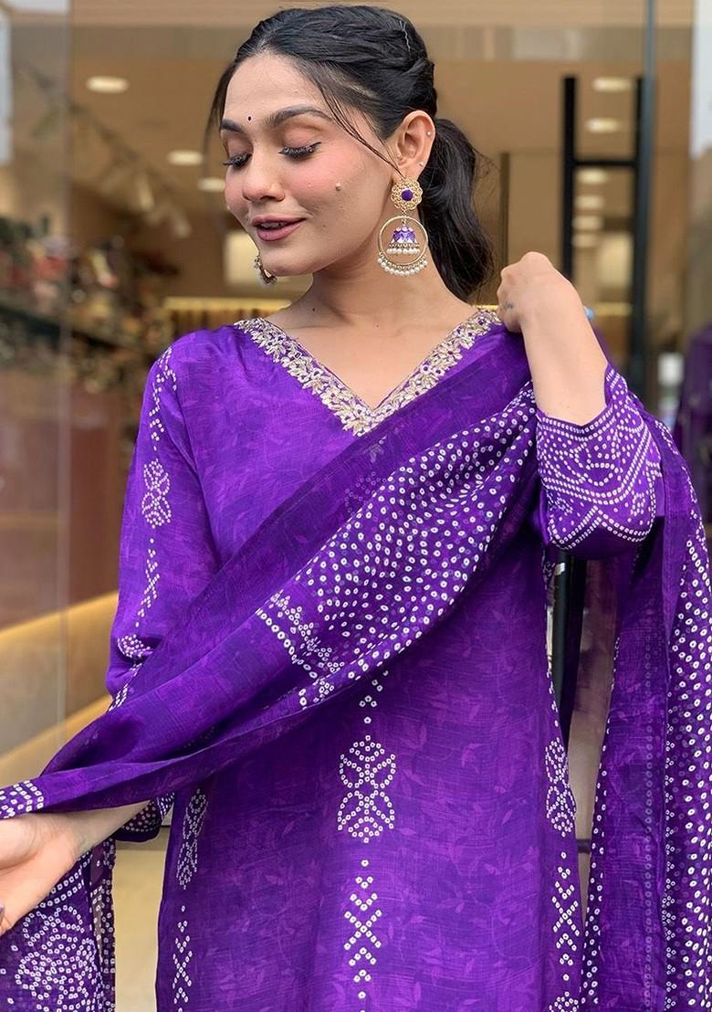Purple Printed Poly Blend Kurta Set