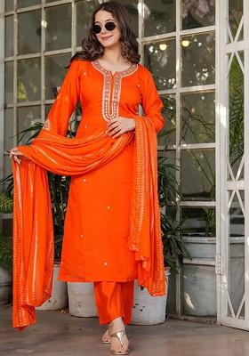 Orange Ethnic Motifs Embroidery Silk Kurta Set